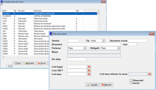 Interfață modul Contabilitate cu rapoarte și balanțe